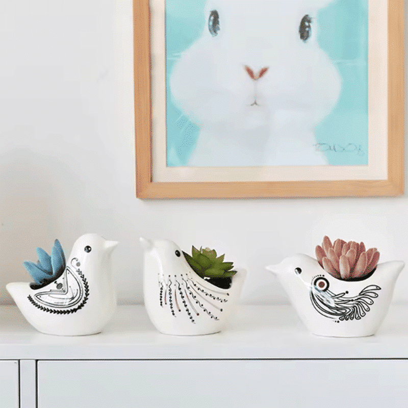 Cute Birds & Glazed Ceramic Desktop Succulent Pots | Set of 3 thumbnail 2