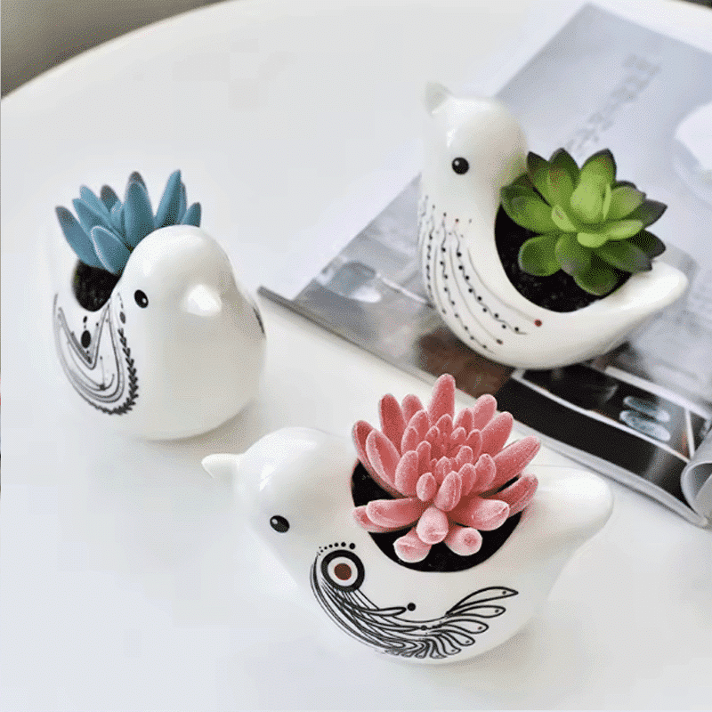 Cute Birds & Glazed Ceramic Desktop Succulent Pots | Set of 3 thumbnail 3