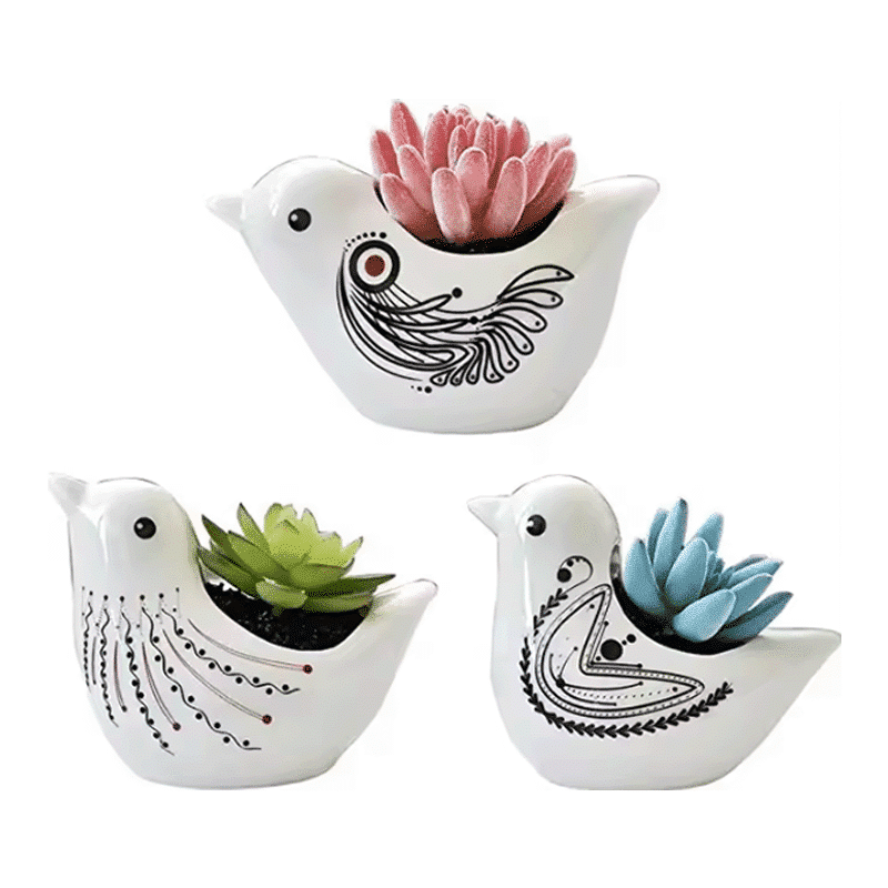 Cute Birds & Glazed Ceramic Desktop Succulent Pots | Set of 3 thumbnail 6