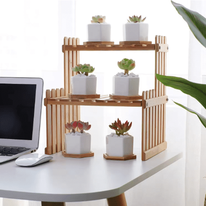 2.5 Inch Small Hexagon Ceramic Succulent Pot with Bamboo Tray thumbnail 4