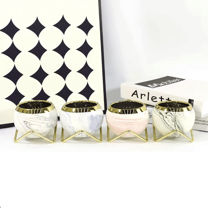 3-Inch Modern Marble Pattern Ceramic Flower Pot with Gold Metal Rack | Set of 4 thumbnail 2