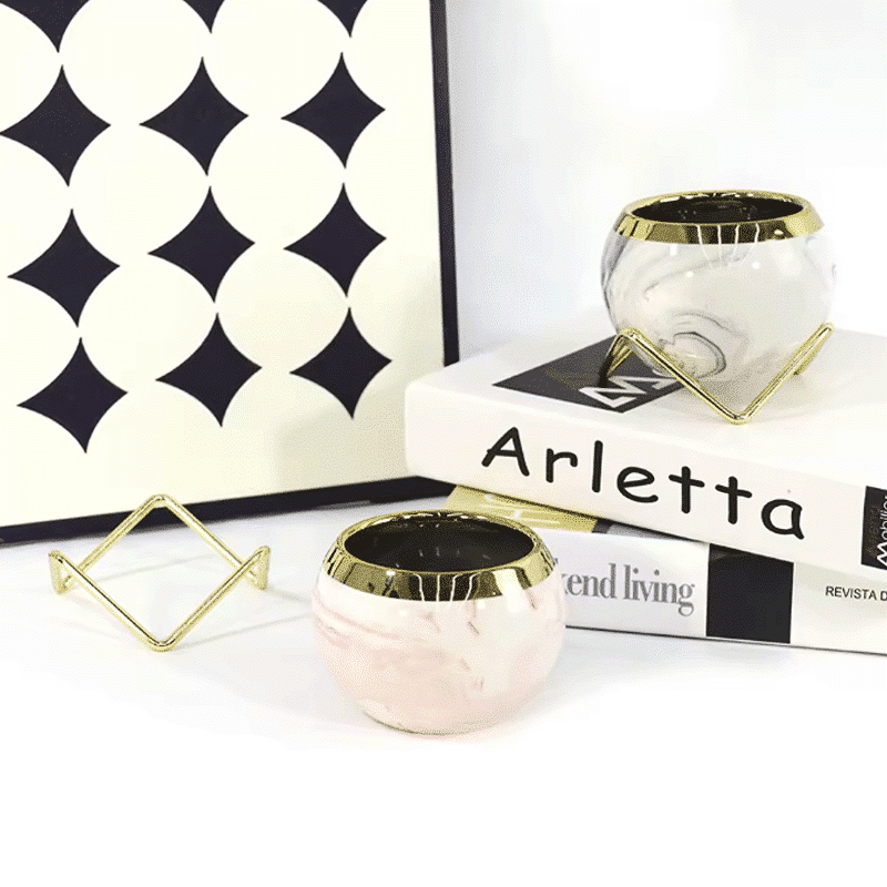 3-Inch Modern Marble Pattern Ceramic Flower Pot with Gold Metal Rack | Set of 4 thumbnail 3