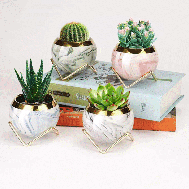 3-Inch Modern Marble Pattern Ceramic Flower Pot with Gold Metal Rack | Set of 4 thumbnail 4