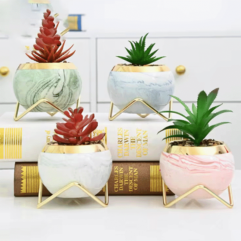 3-Inch Modern Marble Pattern Ceramic Flower Pot with Gold Metal Rack | Set of 4 thumbnail 6