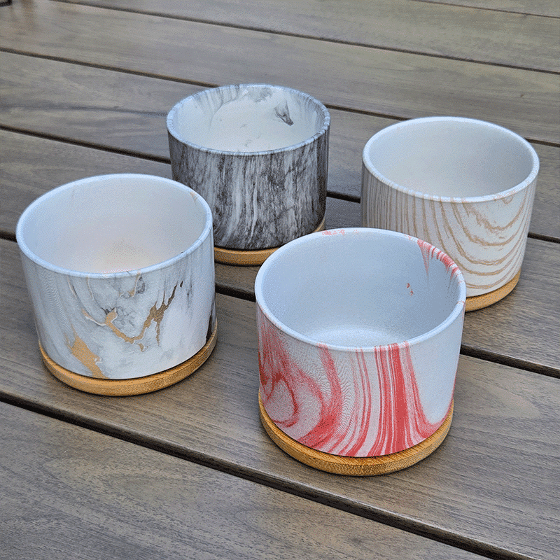 3.5-Inch Nordic Marble Colorful Stripe Ceramic Succulent Pots with Bamboo Trays | Set of 4 thumbnail 4