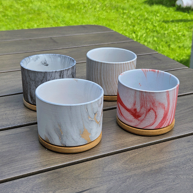 3.5-Inch Nordic Marble Colorful Stripe Ceramic Succulent Pots with Bamboo Trays | Set of 4 thumbnail 5