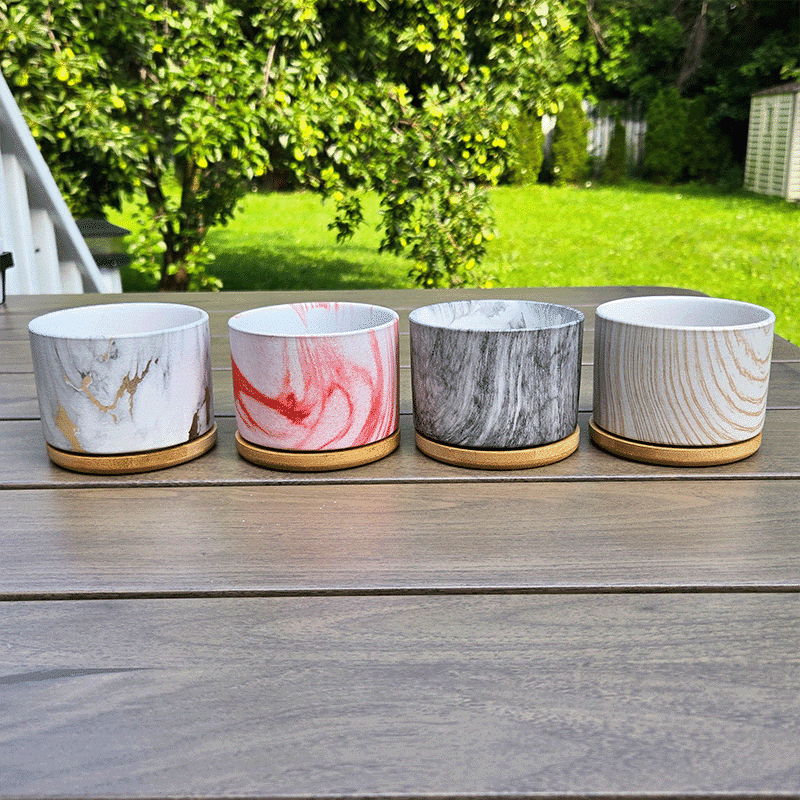 3.5-Inch Nordic Marble Colorful Stripe Ceramic Succulent Pots with Bamboo Trays | Set of 4 thumbnail 3