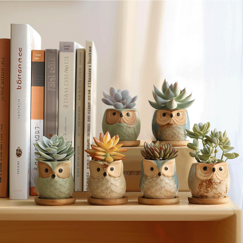 2.5-Inch Cute Ceramic Owl Succulent Pots with Bamboo Trays | Set of 6 thumbnail 3