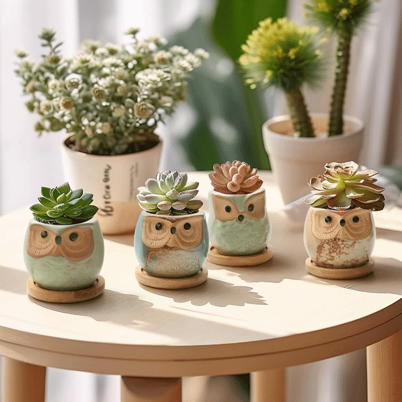 2.5-Inch Cute Ceramic Owl Succulent Pots with Bamboo Trays | Set of 6 thumbnail 2